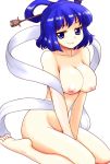  1girl bare_shoulders barefoot between_thighs big_breasts blue_eyes blue_hair breasts feet female flat_gaze hair_ornament hair_rings hair_stick kaku_seiga kneeling large_breasts mono_(moiky) nipples nude shawl short_hair simple_background sitting smile solo thighs touhou v_arms wariza white_background 