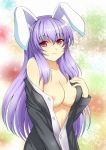  1girl animal_ears aogu areola areolae bare_shoulders breasts bunny_ears cleavage female high_res highres jacket large_breasts long_hair nipple_slip nipples no_bra open_clothes open_shirt purple_hair red_eyes reisen_udongein_inaba shirt solo touhou 