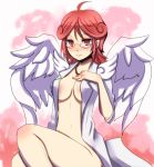  angel_wings breasts counselor_lily duel_monster glasses long_hair naked_shirt open_clothes open_shirt red_eyes red_hair shirt smile solo wings yu-gi-oh! 