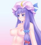  1girl :&lt; bare_shoulders big_breasts blush bow breasts bust crescent female hair_bow hat large_breasts long_hair nipples nude patchouli_knowledge payot purple_eyes purple_hair rock_(4koma) sidelocks simple_background solo touhou upper_body very_long_hair 