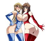  2girls arched_back ass bare_shoulders big_ass big_breasts blonde_hair blue_eyes blue_gloves blue_legwear blush breast_press breastless_clothes breastless_clothing breasts brown_eyes brown_hair curvy elbow_gloves female gloves hair hajime hajime_shindo hand_on_hip hips huge_ass huge_breasts large_breasts long_hair looking_at_viewer mazaki_anzu multiple_girls naughty_face navel open_mouth red_gloves red_legwear short_hair simple_background skin_tight smile symmetrical_docking tenjouin_asuka thighhighs white_background yu-gi-oh! yu-gi-oh!_gx yuu-gi-ou yuu-gi-ou_duel_monsters yuu-gi-ou_gx 