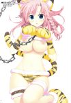  1girl :o animal_ears bell bell_collar belly blue_eyes blue_hair blush braid breasts chain chains cleavage collar garters hair highres leg_garter long_hair looking_at_viewer midriff navel nipples open_mouth original paws pink_hair shiny shiny_skin shirt_lift simple_background solo striped tail thigh_gap tiger_ears tiger_paws tiger_print tiger_tail white_background yan-yam 