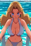  1_girl 1girl aged_up bikini blue_eyes breasts earrings enessef female female_human female_only human long_hair looking_at_viewer molly_hale pokemon pool solo swimming_pool swimsuit 