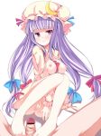 1girl bad_id barefoot between_breasts blue_bow blue_ribbon blush bottomless bow breasts breasts_outside censored crescent crescent_moon feet footjob hair_ribbon hat hat_ribbon large_breasts long_hair looking_away moon nipples pajamas patchouli_knowledge penis pointless_censoring purple_eyes purple_hair pussy red_bow red_ribbon ribbon solo solo_focus the_embodiment_of_scarlet_devil touhou yako 