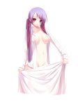  1girl absurd_res absurdres blanket breasts groin hair_ornament hair_ribbon hairclip high_res highres long_hair mound_of_venus naked_shirt nana_mikoto navel nipples no_panties open_clothes open_shirt original purple_hair red_eyes ribbon see-through shirt solo twin_tails twintails wet 