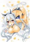  1girl animal_ears ass big_breasts black_panties blush breasts cat_ears cat_tail cleavage collar gloves large_breasts long_hair marker_(medium) no_bra open_mouth panties red_eyes side-tie_panties silver_hair solo tail takecha traditional_media underwear very_long_hair vocaloid yowane_haku 