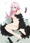  1girl ashuku barefoot censored convenient_censoring feathers feet flat_chest guilty_crown highres long_hair nude pink_hair red_eyes small_breasts solo twin_tails twintails wings yuzuriha_inori 