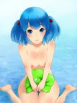  1girl bare_shoulders barefoot big_breasts blue_eyes blue_hair breasts covering covering_crotch female hair_bobbles hair_ornament hat hat_removed headwear_removed high_res highres kawashiro_nitori large_breasts lips looking_at_viewer nipples nude nude_cover sakushin short_hair sitting solo touhou twin_tails twintails two_side_up v_arms wariza water 