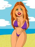  beach bikini breasts cleavage disney green_eyes kim_possible kimberly_ann_possible lipstick long_hair nipples ocean orange_hair red_lipstick shiny shiny_skin solo string_bikini 