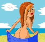 1girl ass beach breasts disney female_only fnbman green_eyes kim_possible kimberly_ann_possible lipstick long_hair looking_back nude ocean orange_hair red_lipstick solo towel