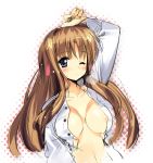  1girl areola areolae blue_eyes blush breasts brown_hair cleavage long_hair one_eye_closed open_clothes open_shirt original shirt sikorsky sketch solo wink 
