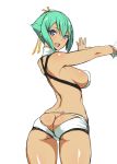 1girl aquarion_(series) aquarion_evol ass ass_cutout back bare_shoulders big_breasts bikini breasts butt_crack fang from_behind green_hair looking_back open_mouth poin_(hidsuki) purple_eyes revealing_clothes short_hair short_shorts shorts sideboob simple_background smile solo swimsuit white_background zessica_wong