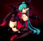 aqua_hair areola areolae ass back-seamed_legwear bat_wings black_legwear black_panties bow braid breastless_clothes breasts cameltoe corset demon_girl demon_tail demon_wings dress eyepatch female g-string green_hair high_heels lace lace-trimmed_skirt leg_lift legs long_hair long_legs looking_at_viewer mada_(mk333) nipples open_clothes original original_character panties pointy_ears red_dress red_shoes red_skirt seamed_legwear shoes skirt small_breasts smile solo spread_legs stockings succubus tail thighhighs thighs thong underwear very_long_hair wings yellow_eyes