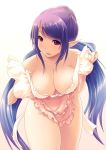  1girl apron breasts cleavage curvy down_blouse downblouse elf judith leaning_forward long_hair multicolored_hair naked_apron nipple_slip nipples pointy_ears purple_hair solo syacyo tales_of_(series) tales_of_vesperia very_long_hair white_background 