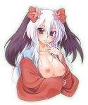  1girl big_breasts blush breasts cum cum_in_mouth cum_on_body cum_on_breasts cum_on_upper_body flower hair_flower hair_ornament high_res highres hikabe_sakuho japanese_clothes kimono large_breasts long_hair multicolored_hair nipples no_bra open_mouth original solo tongue two-tone_hair 