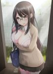  1girl 2018 arm_under_breasts bag bangs blush bra breast_hold breasts brown_eyes brown_hair cardigan cleavage collared_shirt doorway female female_only glasses hair_between_eyes hand_up head_tilt large_breasts long_hair megane nekobaka open_clothes open_shirt original outside parted_lips pink_bra pleated_skirt school_bag school_uniform semi-rimless_glasses shirt signature skirt sleeves_past_wrists twin_tails underwear very_long_hair white_shirt 
