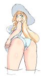 1_girl 1girl ass blonde blonde_hair blush clothed dress dress_lift female female_human female_only green_eyes hat human lillie lillie_(pokemon) long_blonde_hair long_hair looking_at_viewer panties pokemon solo standing white_background 