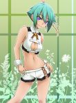  1girl anti_(untea9) aquarion_(series) aquarion_evol bare_shoulders belly big_breasts blue_eyes blush breasts cleavage cleavage_cutout green_hair hair hair_ribbon highres large_breasts looking_at_viewer midriff navel revealing_clothes ribbon short_hair short_shorts shorts smile solo wrist_cuffs zessica_wong 