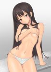  1girl black_eyes black_hair breasts contrapposto covering covering_breasts head_tilt long_hair looking_at_viewer muffin_(sirumeria) navel open_mouth original panties shiny shiny_skin sirumeria slender_waist solo underwear white_panties 