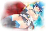  +_+ 1girl airi_(dream_c_club) android bare_shoulders blue_hair blush breasts detached_sleeves dream_c_club elbow_gloves gloves ili_(dream_c_club) kakogawa_tarou nipples no_bra no_panties open_clothes open_shirt red_eyes robot_ears shirt short_hair solo stockings thighhighs uncensored wakamezake 