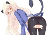  1girl animal_ears ass bad_id bent_over blonde_hair blush cat_ears cat_tail glasses long_hair looking_back no_panties pantyhose perrine_h_clostermann pussy simple_background solo strike_witches tail tongue torn_clothes torn_pantyhose uncensored uniform white_background yako yellow_eyes 