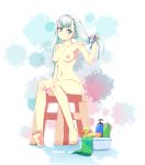  1girl barefoot blue_eyes breasts feet high_res highres long_hair nipples nude original reason reason_(ficafe) rubber_duck silver_hair sitting solo stool toes twin_tails twintails 