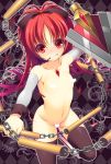  1girl angry asami_asami black_legwear blush censored chain chains clenched_teeth collarbone detached_sleeves kyouko_sakura long_hair looking_at_viewer magical_girl mahou_shoujo_madoka_magica naked_thighhighs novelty_censor nude petite pocky polearm ponytail red_eyes red_hair sakura_kyouko solo spear teeth thighhighs torn_clothes weapon welp 