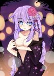  1girl absurd_res absurdres blue_eyes blush braid breast_hold breasts choujigen_game_neptune collarbone compile_heart flower hair_ornament high_res highres idea_factory japanese_clothes kimono long_hair meimu_(infinity) meimu_(pixiv) navel neptune_(choujigen_game_neptune) neptune_(series) open_mouth purple_hair purple_heart solo symbol-shaped_pupils topless twin_braids undressing very_long_hair 