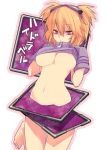  1girl ayao77 barefoot bell_hydra blonde_hair blood_lad bottomless breasts censored convenient_censoring goggles goggles_on_head groin mound_of_venus navel nipple_slip nipples purple_eyes shirt_lift solo text translated underboob 