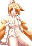  1girl animal_ears blonde_hair bottomless breasts cleavage dearmybrothers erect_nipples female fox_ears fox_tail high_res highres midriff multiple_tails naked_shirt navel no_bra off_shoulder open_clothes open_mouth open_shirt red_eyes shirt short_hair sideboob solo tail touhou yakumo_ran 