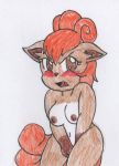 angry blush breasts brown_eyes cover_up covering covering_crotch embarrassing furry kamehamehadude long_hair nipples nude orange_hair pokemon solo vulpix