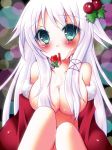 1girl anceril_sacred blush borrowed_character breasts cleavage food fruit hair_over_breasts long_hair meiya_neon mouth_hold nude original original_character shirokami_project solo strawberry very_long_hair