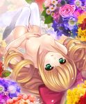  1girl aiba_ruri blonde_hair boots bow breasts curly_hair flower green_eyes high_heels long_hair nipples nude pink_rose ribbon rose sacred_seven saeki_takashi shoes solo source_request stockings thighhighs 