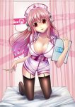  1girl big_breasts blush breasts cleavage dress e_neko hat headphones high_res highres large_breasts long_hair looking_at_viewer nitroplus nurse nurse_cap open_mouth pink_hair red_eyes smile solo stockings super_sonico syringe thighhighs 