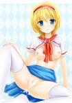  1girl after_sex aftersex alice_margatroid argyle argyle_background blonde_hair blue_eyes blush breasts capelet cum cum_in_pussy cum_inside hairband legwear nikoo nipples no_panties open_mouth pussy pussy_juice short_hair sitting skirt solo spread_legs stockings thighhighs topless touhou uncensored white_legwear 
