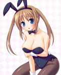  1girl animal_ears blue_eyes blush breasts brown_hair bunny_ears bunny_tail bunnysuit cleavage looking_at_viewer miu_(c_blue) original pantyhose solo tail twin_tails twintails wrist_cuffs 