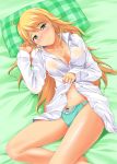 1girl ahoge blonde_hair blush breasts cleavage count24 green_eyes green_panties hoshii_miki idolmaster large_breasts long_hair lying miki_hoshii navel nipples nishi_(count2.4) on_back open_clothes open_shirt panties pillow see-through smile solo underwear 