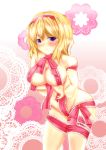  1girl alice_margatroid bad_id bare_shoulders big_breasts blonde_hair blush breasts cleavage dd139 erect_nipples female groin handley high_res highres large_breasts mound_of_venus naked_ribbon nude pink_background purple_eyes ribbon short_hair simple_background smile solo touhou waado_(shissouheki) 