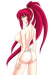  1girl ass breasts female fundoshi long_hair ponytail red_hair sideboob smile solo topless yellow_eyes 
