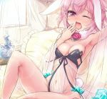  1girl animal_ears areola areolae arm_up armpits babydoll bare_shoulders blush breasts bunny_ears bunny_tail chaudlapin cleavage flower looking_at_viewer navel original panties pink_eyes pink_hair rose short_hair sitting solo sparkle string_panties tail tears tongue underwear white_panties yawning 