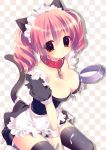  1girl amanagi_seiji animal_ears apron bad_id between_breasts black_legwear breasts cat_ears cat_tail chain chains checkered checkered_background cleavage collar dog_collar holding inu_x_boku_ss maid maid_headdress milk pink_eyes pink_hair roromiya_karuta short_hair sitting solo stockings tail thighhighs twin_tails twintails waist_apron wrist_cuffs 