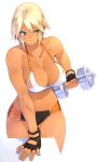 1girl 23_(real_xxiii) aqua_eyes athletic bare_shoulders big_breasts blonde_hair blue_eyes breasts cleavage curvy dark-skinned_girl_(23) dark_skin dumbbell fingerless_gloves gloves highres lips midriff muscle muscular_female navel original real_xxiii sela_(23) short_hair short_shorts shorts simple_background solo sweat tan thigh_gap thighs toned uneven_eyes weightlifting weights white_background