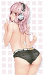  1girl ass belt blush breasts character_name cutoffs denim denim_shorts dimples_of_venus female from_behind headphones heart highres long_hair looking_back nitroplus pink_hair red_eyes short_shorts shorts sideboob simple_background smile solo super_sonico topless white_background zzzalam 