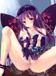 1girl accel_world antenna_hair anus bare_legs bare_shoulders black_hair blush butterfly butterfly_wings censored elbow_gloves gloves hasshin_aki_ichi high_res highres kuroyukihime long_hair long_legs looking_at_viewer navel nipples open_mouth pussy red_eyes solo spread_legs spread_pussy wings yagami_shuuichi