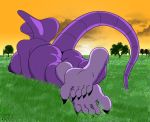 2012 arbok ass big_ass big_breasts big_nipples breasts claws cobra color feet female foot_fetish grass hindpaw lying nipples nude on_stomach outside paws pokemon pokemorph presenting purple purple_nipples reptile scalie sky smile snake soles solo sunset tail teeth thick_tail thighs ticklishways toe_claws toes