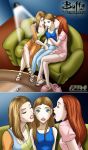 3girls barefoot blue_eyes brown_eyes brown_hair buffy_the_vampire_slayer couch dawn_summers dress flip_flops hand_on_crotch jeans neck_kiss nightdress palcomix red_hair sandals slippers tara_maclay willow_rosenberg yuri