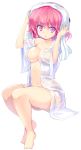  1girl bare_legs barefoot big_breasts breasts drying_hair feet female high_res highres japanese_clothes kimono large_breasts legs looking_at_viewer mamo mamo_williams navel open_clothes open_kimono pink_eyes pink_hair saigyouji_yuyuko see-through short_hair sitting solo toes touhou towel wet wet_clothes 