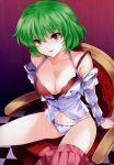  1girl absurd_res absurdres arm_support bare_shoulders bdsm bondage bra breasts chair cleavage dress_shirt green_hair high_res highres kazami_yuuka large_breasts lingerie looking_at_viewer navel no_pants off_shoulder open_clothes open_shirt panties parted_lips pico_(picollector79) red_eyes scan shibari shirt short_hair sitting skirt skirt_around_one_leg solo strap_slip touhou underwear white_panties 