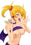  1girl @ma? aq_interactive arcana_heart atlus bare_shoulders bat_wings blonde_hair blue_eyes blush breasts choker demon_girl demon_wings earrings examu fang jewelry large_breasts lilica_felchenerow looking_at_viewer money navel nipples no_bra one_eye_closed open_mouth pointy_ears sexually_suggestive shirt_lift simple_background smile solo tomatto_(@ma!) tongue tongue_out twin_tails twintails white_background wings wink 