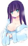  1girl big_breasts blue_eyes breast_slip breasts bust head_tilt large_breasts long_hair multicolored_hair nipples one_breast_out panty_&amp;_stocking_with_garterbelt purple_hair robe solo stocking_(psg) two-tone_hair upper_body yukian 